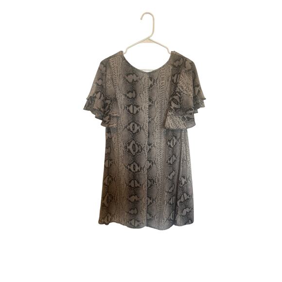 Caramela Women's Medium Gray Black Snake Print V-Neck Flutter Short Sleeve Dress - Picture 3 of 5